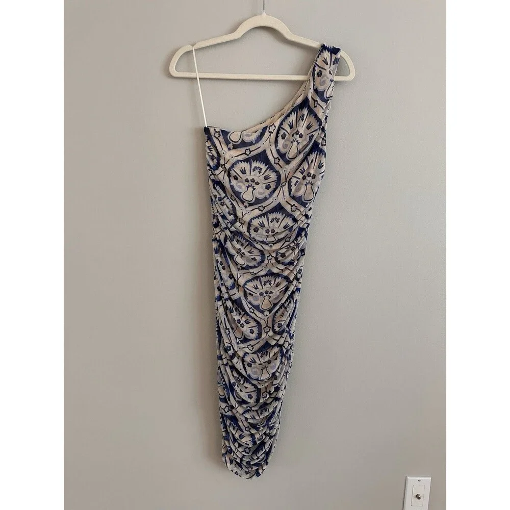 House of Harlow 1960 One Shoulder Ruched Midi Dress Blue Cream Print Size Small